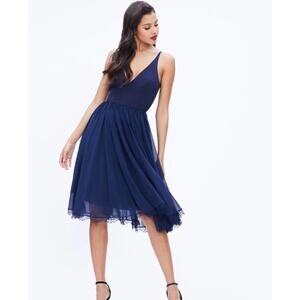 Dress the Population Alicia Mixed Media Midi Dress Navy Blue Size XS Wedding